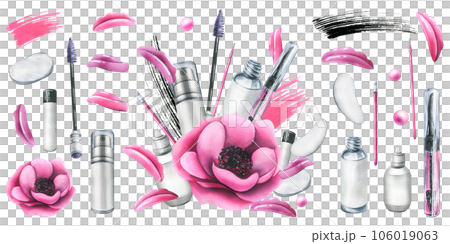 Pink cosmetic bag with beauty master's tools for laminating eyelashes, with brushes, silicone rollers, patches. Watercolor illustration, hand drawn. Set of isolated elements on a white background Pink cosmetic bag with beauty master's tools for laminating eyelashes, with brushes, silicone rollers, patches. Watercolor illustration, hand drawn. Set of isolated elements on a white background 106019063