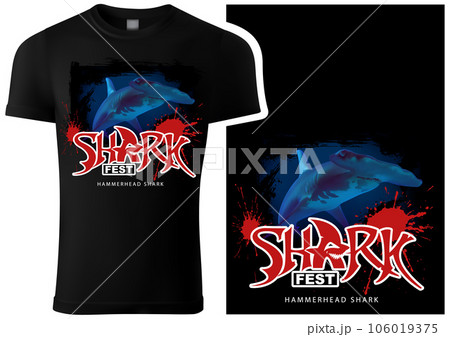 Black T-shirt Print with a Hammerhead Shark Black T-shirt Print with a Hammerhead Shark 106019375