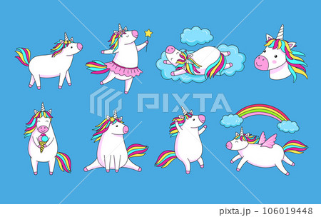 Cute cartoon unicorns. Magic unicorn with rainbow hair flying and dreaming in clouds, dancing and eating ice cream vector illustration set 106019448