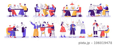 Restaurant and Cafe visitors. People eat and drink at restaurant tables together, enjoying meeting and celebration. Geometric vector illustration set Restaurant and Cafe visitors. People eat and drink at restaurant tables together, enjoying meeting and celebration. Geometric vector illustration set 106019478