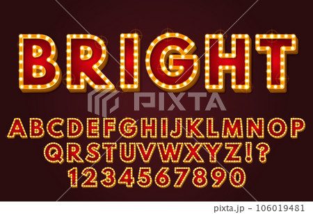 Glowing alphabet display font. Retro letters and numbers with light bulbs frames, nostalgic light sign lettering. Vintage signboard design vector bundle 106019481