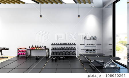 Modern gym interior with sport and fitness gym equipments, fitness center interior, 3D Rendering 106020263