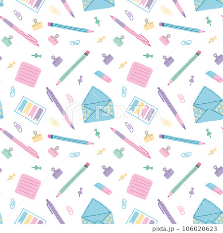 Seamless pattern stationery school supplies. Education, self learning, online learning at home. Vector isolated on white. Back to school theme design Seamless pattern stationery school supplies. Education, self learning, online learning at home. Vector isolated on white. Back to school theme design 106020623