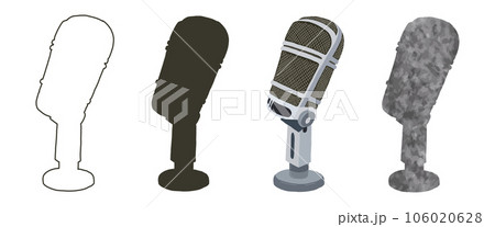 Studio AudioMicrophone vocal radio equipment. Microphone vector illustration, contour, microphone silhouette, textured microphone. Grey silver. isolated. 106020628