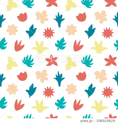 Pattern from abstract spots floral elements. Minimalist Botanical Geometric Seamless Pattern. Vector Isolated on White Background. Modern, Cubist, Childish Background. Pattern from abstract spots floral elements. Minimalist Botanical Geometric Seamless Pattern. Vector Isolated on White Background. Modern, Cubist, Childish Background. 106020629