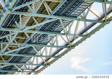 【明石海峡大橋を航行中のフェリーから撮影】日本の本州と淡路島を結ぶ世界的な吊り橋である明石海峡大橋 106020830