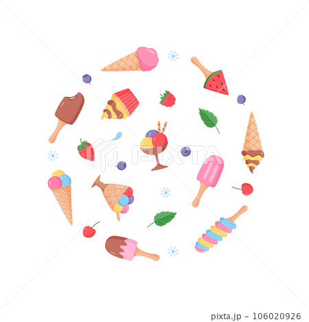 Ice cream and berries set of bright colored icons. Vector illustration of summer desserts popsicles, ice cream in waffle cones, strawberry cherry raspberry mint blueberry. 106020926