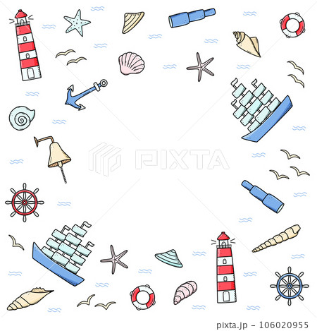 Sea set of elements, icons of sea life. Ship telescope shells, lifebuoy anchor steering wheel bull, lighthouse and seagulls. Vector illustration, symbols of sailors or pirates. 106020955