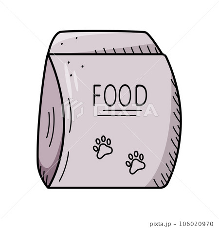 Packaging of pets feed with the inscription food and a painted paw. Vector doodle illustration of a bag of dry food for dogs or cats. Packaging of pets feed with the inscription food and a painted paw. Vector doodle illustration of a bag of dry food for dogs or cats. 106020970