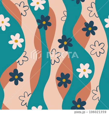 Seamless hand drawn mid century modern pattern in beige blue