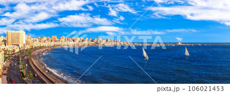 Coastline of Alexandria and the Mediterranean sea, aerial view, Egypt 106021453