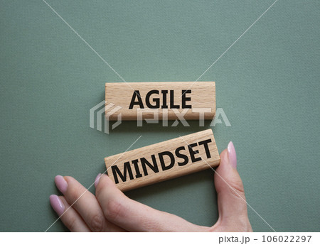 Agile Mindset symbol. Wooden blocks with words Agile MindsetAgile Mindset. Businessman hand. Beautiful grey green background. Business and Agile Mindset concept. Copy space. 106022297