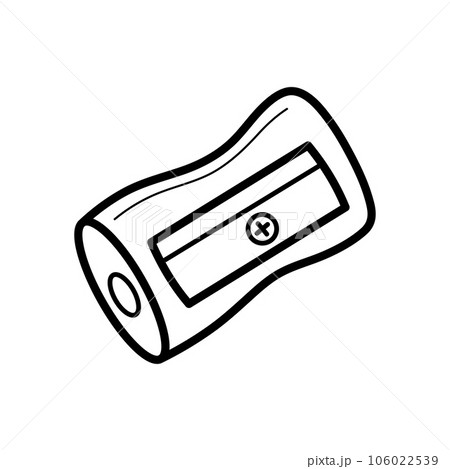 Sharpener for pencils. Tool with metal blade for school and drawing. Hand drawn sketch icon. Isolated vector illustration in doodle line style. Sharpener for pencils. Tool with metal blade for school and drawing. Hand drawn sketch icon. Isolated vector illustration in doodle line style. 106022539