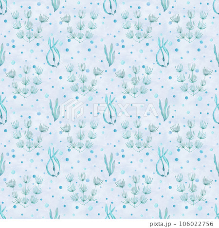 Watercolor underwater seamless pattern of seaweeds on background of the blue sea. Algae, laminaria. Print for design, banner, cards, background, decor, fabric, textile, wrapping. 106022756