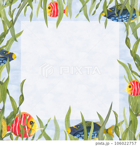 Watercolor card for kids birthdays isolated on background of the blue sea. Colored Fishes in cartoon style, algae, laminaria. Hand painted illustration for greeting card, postcard, invitation Watercolor card for kids birthdays isolated on background of the blue sea. Colored Fishes in cartoon style, algae, laminaria. Hand painted illustration for greeting card, postcard, invitation 106022757