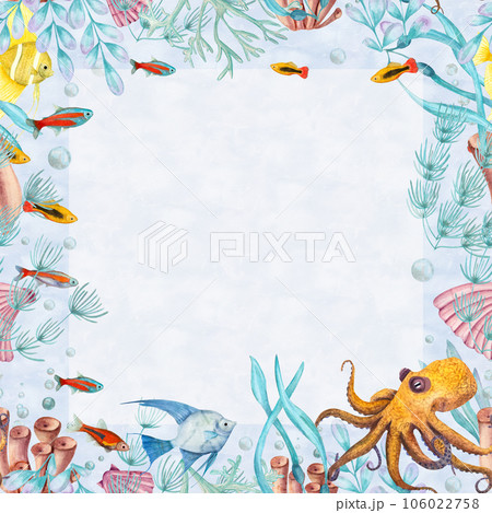 Frame with marine fauna isolated on background of the blue sea. Watercolor illustration of angelfish, shells, corals, octopus, seaweed, sea, ocean. For greeting card, postcard, invitation Frame with marine fauna isolated on background of the blue sea. Watercolor illustration of angelfish, shells, corals, octopus, seaweed, sea, ocean. For greeting card, postcard, invitation 106022758