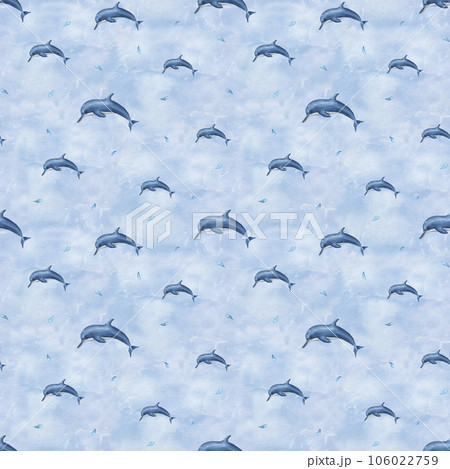 Watercolor underwater seamless pattern of swimming dolphins. Illustration isolated on background of the blue sea. Simple print for design, background, menus, fabric, textile, wrapping. 106022759