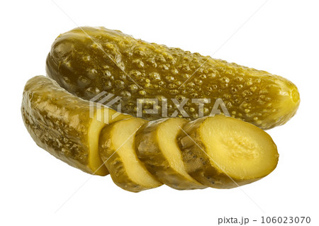 Marinated pickled cucumber isolated on white background with full depth of field Marinated pickled cucumber isolated on white background with full depth of field 106023070