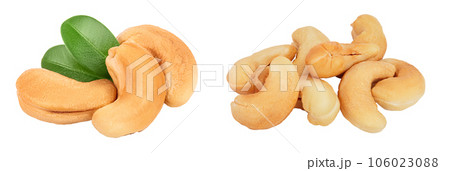 Roasted Cashew nuts with leaf isolated on white background with full depth of field. Roasted Cashew nuts with leaf isolated on white background with full depth of field. 106023088