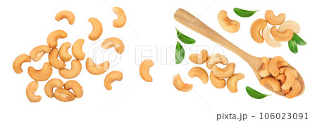 Roasted Cashew nuts isolated on white background with full depth of field. Top view. Flat lay Roasted Cashew nuts isolated on white background with full depth of field. Top view. Flat lay 106023091