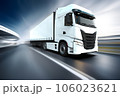 Generic and unbranded white truck speed driving at daytime, 3D illustration 106023621