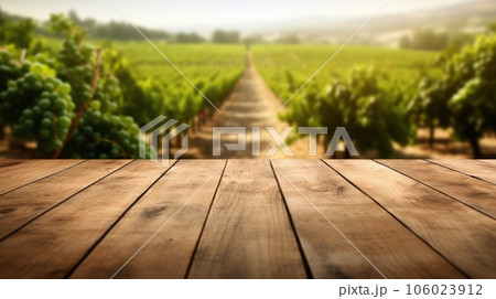 The empty wooden table top with blur background of vineyard. Exuberant. 106023912