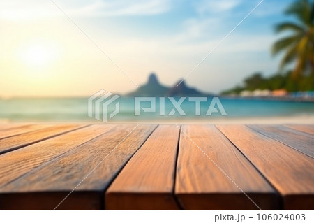 The empty wooden table top with blur background of Thailand beach. Exuberant. The empty wooden table top with blur background of Thailand beach. Exuberant. 106024003