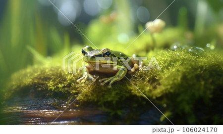 photo of a frog, macro photography , stream of fresh water, young green plant, outdoor springtime. generative ai AIG32 106024170