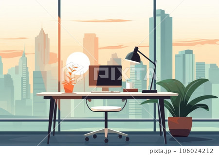 Corporate office in cartoon style with cityscape skyscrapers and sunset. Generative AI 106024212