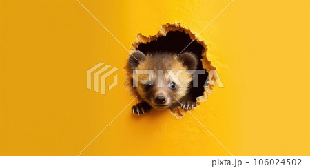 Cute Bear peekging out of a hole in wall, torn hole, empty copy space frame, mockup. Generative AI weber. Cute Bear peekging out of a hole in wall, torn hole, empty copy space frame, mockup. Generative AI weber. 106024502