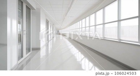 Hospital corridor with windows, in the style of bokeh, light gray, bauhaus, light white, skillful. Generative AI weber. Hospital corridor with windows, in the style of bokeh, light gray, bauhaus, light white, skillful. Generative AI weber. 106024503