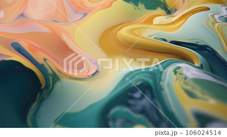 The close up of a glossy liquid surface abstract in green, blush pink, buttercup yellow, and navy blue colors with a soft focus. Exuberant 3D illustration. The close up of a glossy liquid surface abstract in green, blush pink, buttercup yellow, and navy blue colors with a soft focus. Exuberant 3D illustration. 106024514