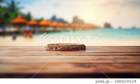 The empty wooden table top with blur background of Thailand beach. Generative AI AIG30. The empty wooden table top with blur background of Thailand beach. Generative AI AIG30. 106024524