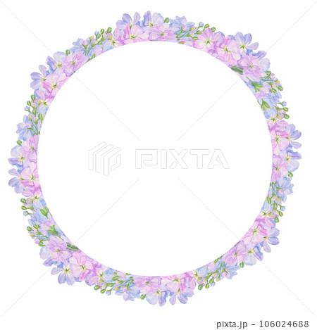 Watercolor botanical colourful frame of preety garden flowers: blue and lilac gillyflower and pink lathyrus. Good for wedding print products, paper, invitations, greetings, fabric, posters Watercolor botanical colourful frame of preety garden flowers: blue and lilac gillyflower and pink lathyrus. Good for wedding print products, paper, invitations, greetings, fabric, posters 106024688