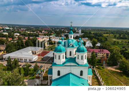View of the Spassky Cathedral and the city of Yelabuga from the bell tower of the Spassky Cathedral on a sunny spring day. Yelabuga, Tatarstan, Russia View of the Spassky Cathedral and the city of Yelabuga from the bell tower of the Spassky Cathedral on a sunny spring day. Yelabuga, Tatarstan, Russia 106024905