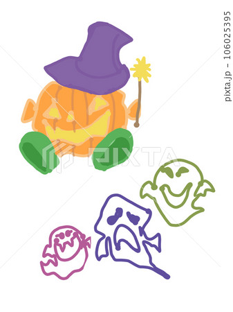 ハロウィン魔法使いの仮装したかぼちゃとオバケ ハロウィン魔法使いの仮装したかぼちゃとオバケ 106025395