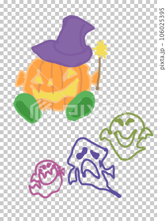 ハロウィン魔法使いの仮装したかぼちゃとオバケ ハロウィン魔法使いの仮装したかぼちゃとオバケ 106025395