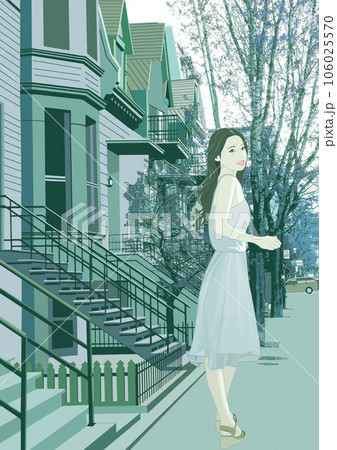 住宅街で振り返る髪の長い女性イラスト 住宅街で振り返る髪の長い女性イラスト 106025570