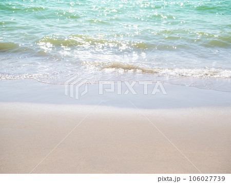 Wave on Sand Background at Coast,Beautiful Texture Wavy white Foam Blue Ocean on Beach Coastline,Sandy with Sea Nature. Transparent Water Seascape Island Photography,Vacation Tropical Summer Backdrop 106027739