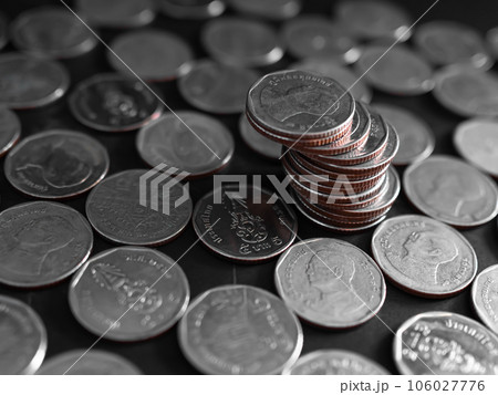 Stack Coin Closeup on Black background.Bank Currency Thai. Plan Income Investment Growth Cash and Saving for 2023 New Year,for Salary,Rate,Stock Market,Credit,Loan,Business or Treasury Finance concept 106027776