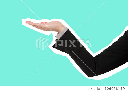 Hand of business woman holding copy space. Magazine style isolated on pink background 106028150