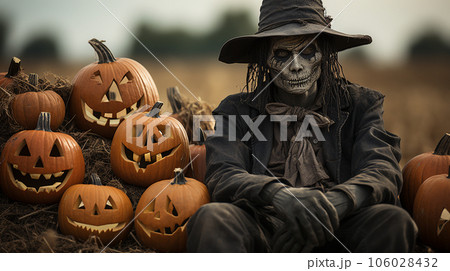 Spooky Halloween skeleton scarecrow figure amidst the carved pumpkins in the field - Generative AI. 106028432