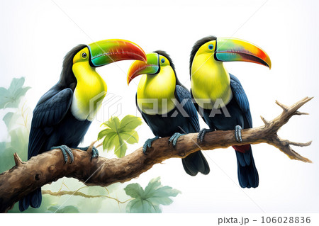Image of group of keel-billed toucan on the branch on a white background. Birds. Pet. Animals. Illustration, Generative AI. 106028836