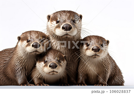 Image of family group of otters on white background. Wildlife Animals. Illustration, Generative AI. 106028837