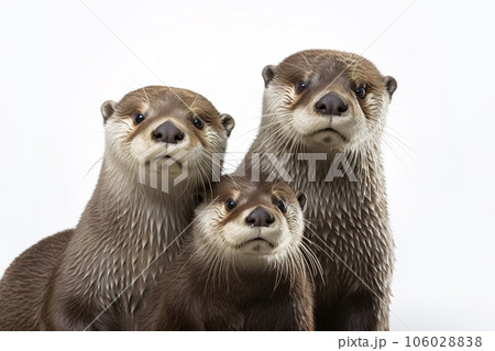 Image of family group of otters on white background. Wildlife Animals. Illustration, Generative AI. 106028838