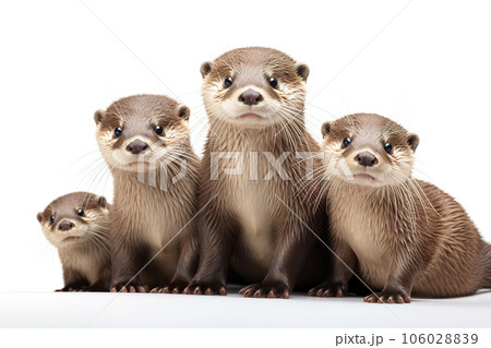 Image of family group of otters on white background. Wildlife Animals. Illustration, Generative AI. 106028839