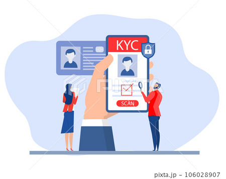 KYC or know your customer with business verifying the identity of its client's concept at the partners-to-be through a magnifying glass of business identification and safety. KYC or know your customer with business verifying the identity of its client's concept at the partners-to-be through a magnifying glass of business identification and safety. 106028907