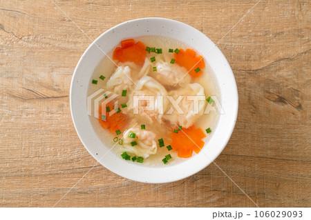 shrimp dumpling soup in white bowl shrimp dumpling soup in white bowl 106029093