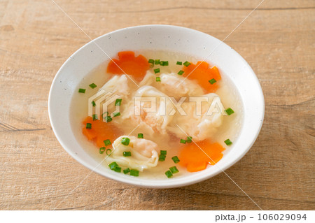shrimp dumpling soup in white bowl shrimp dumpling soup in white bowl 106029094