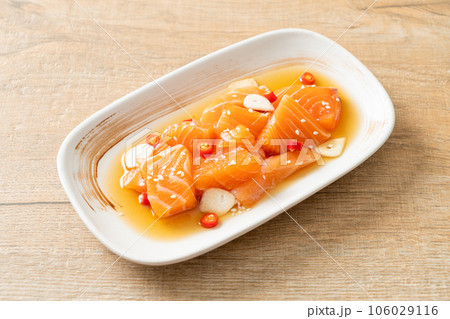 fresh salmon raw marinated shoyu or salmon pickled soy sauce 106029116